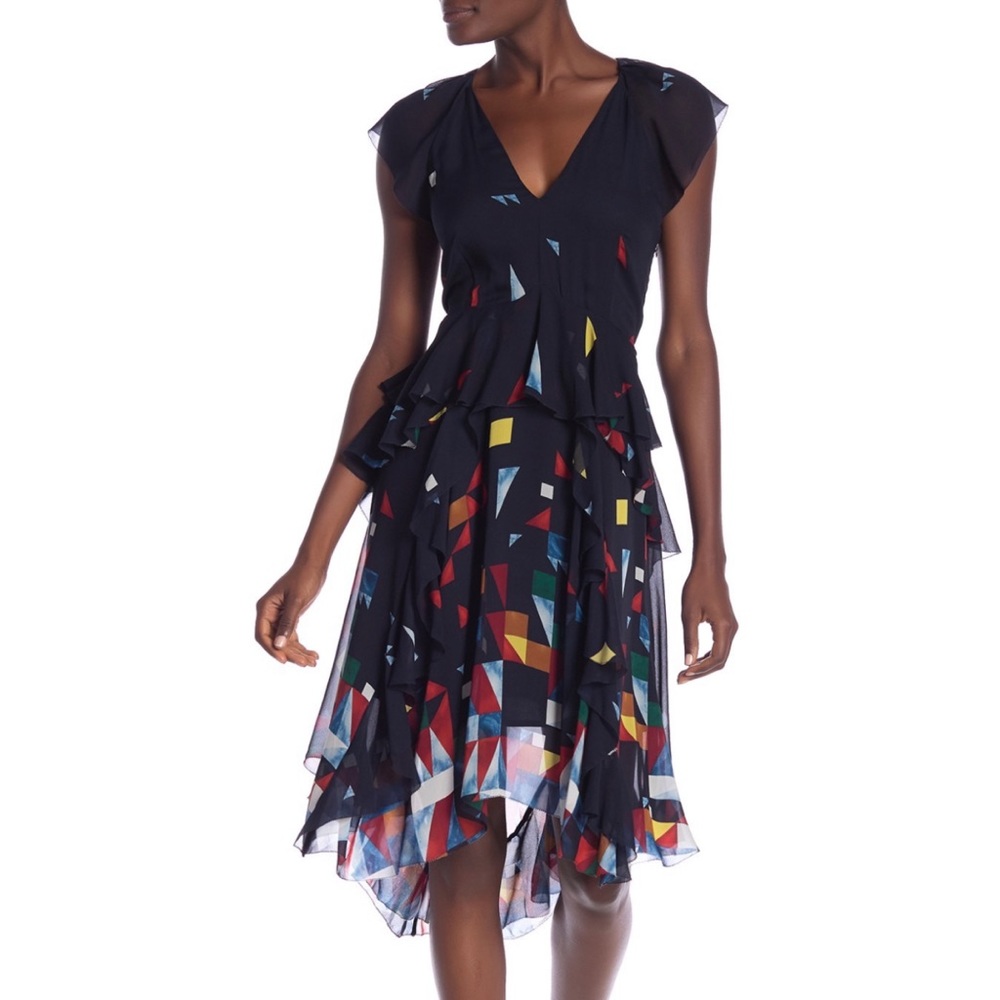 Maison Cinquante Blue Confetti Multicolor Layered High Low Feminine Dress